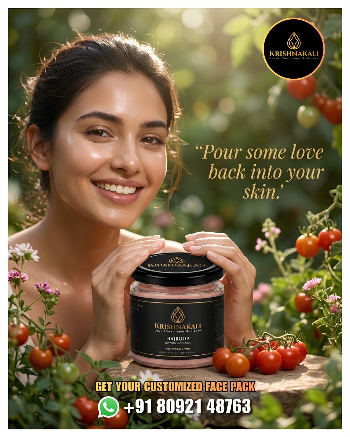 Woman with glowing skin among tomatoes